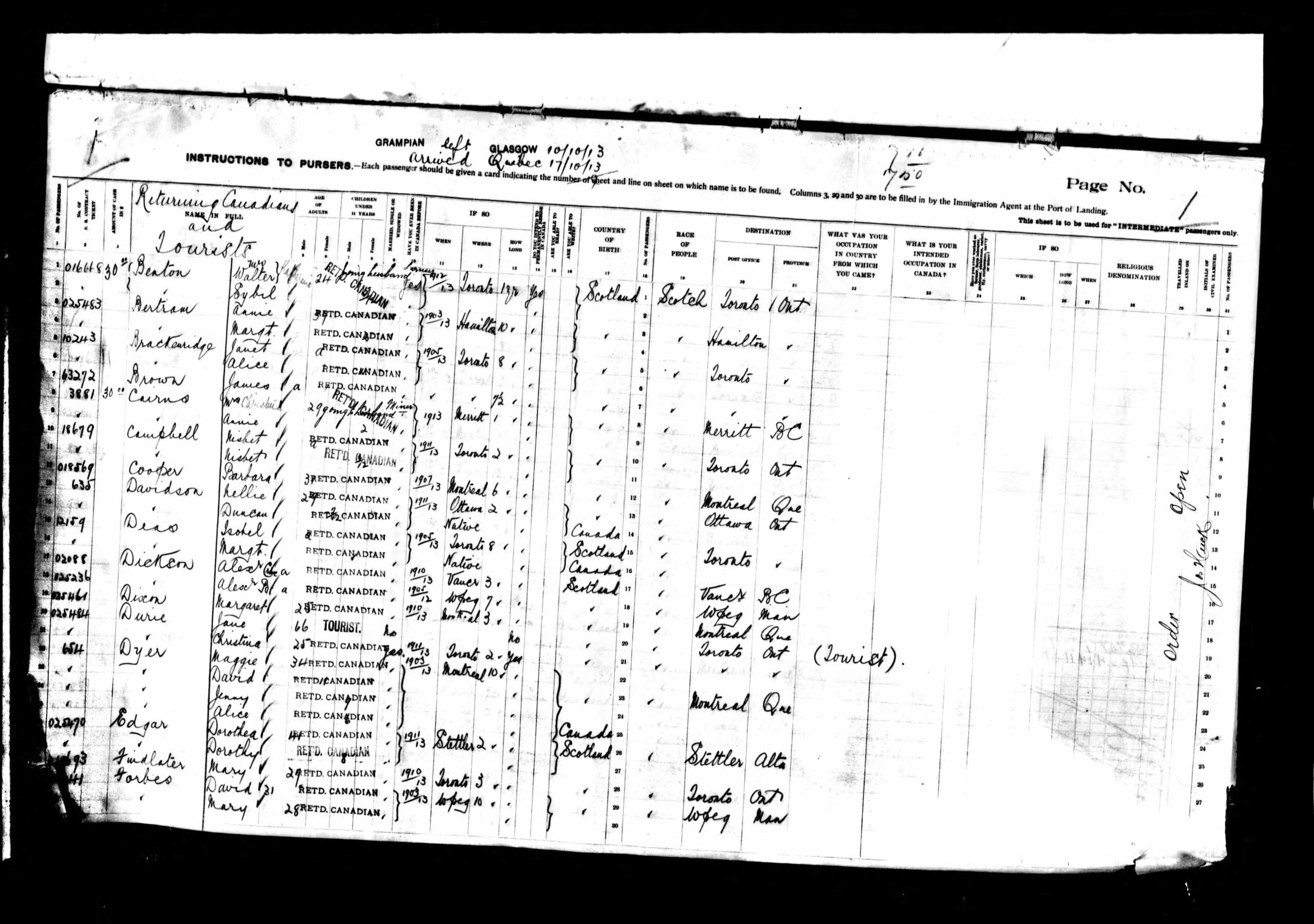 1913 Passenger list for the Grampian, with Jane Tear Durie and Christina Durie aboard.