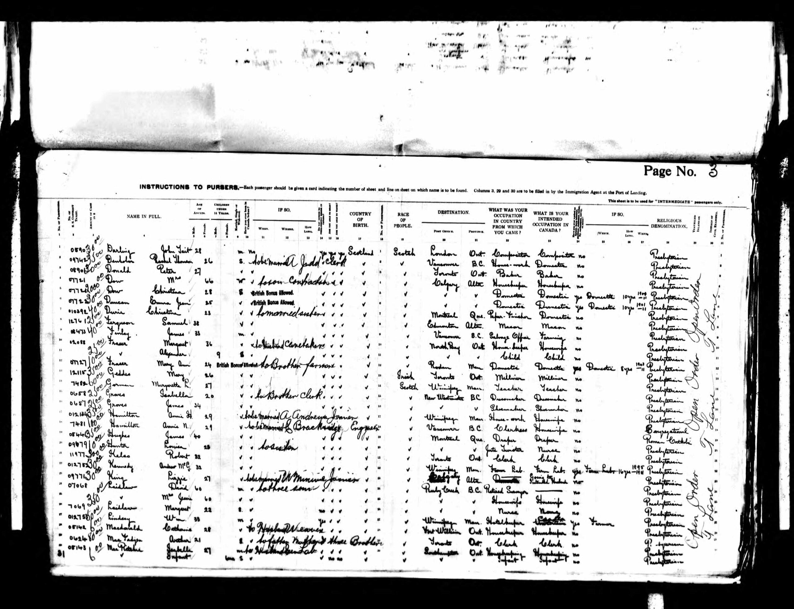 1911 Passenger List of the Hesperian (Liverpool to Quebec), with Christina Durie aboard.