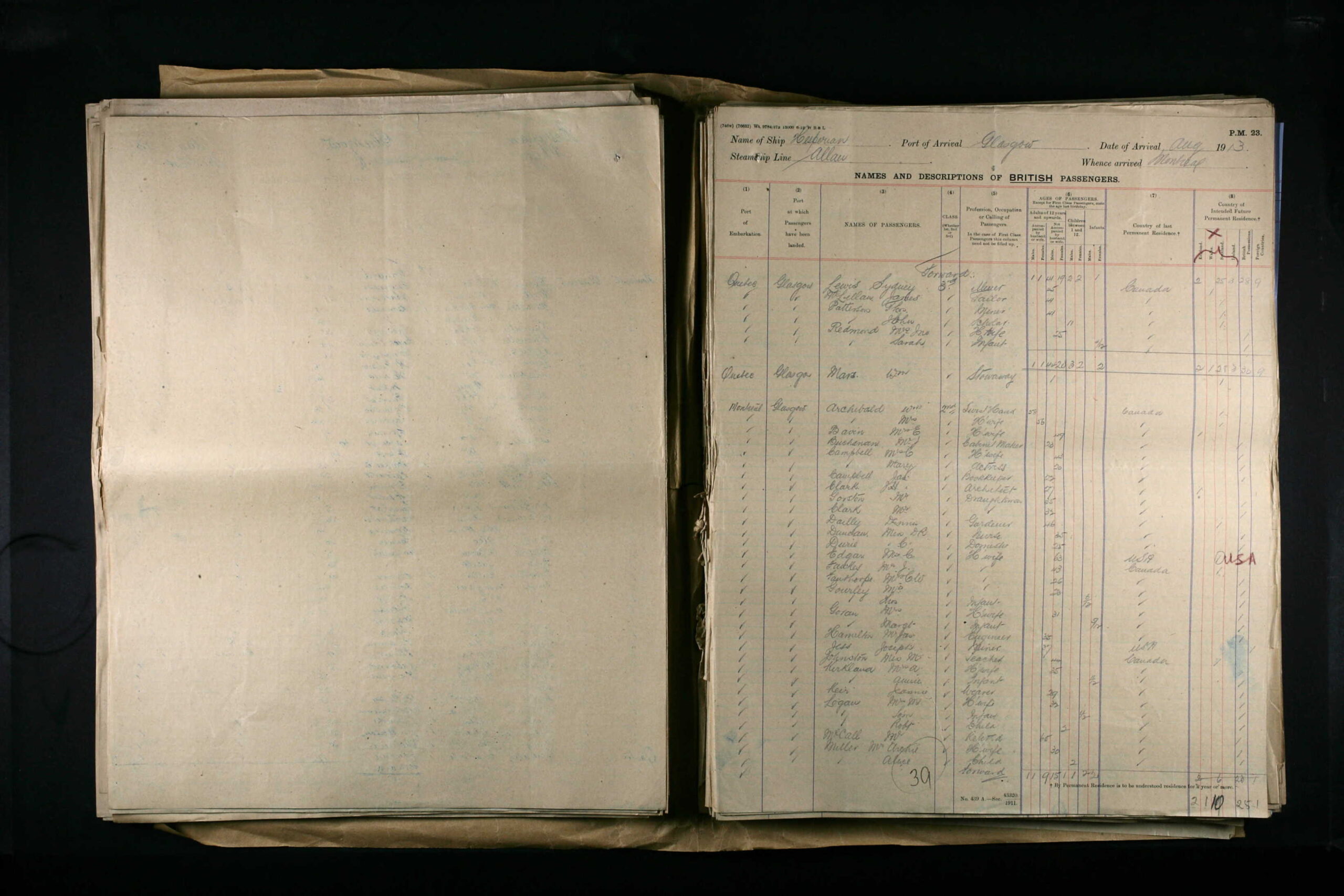 Passenger List for the Hesperian (1913) with Christina Durie bound for Glasgow.