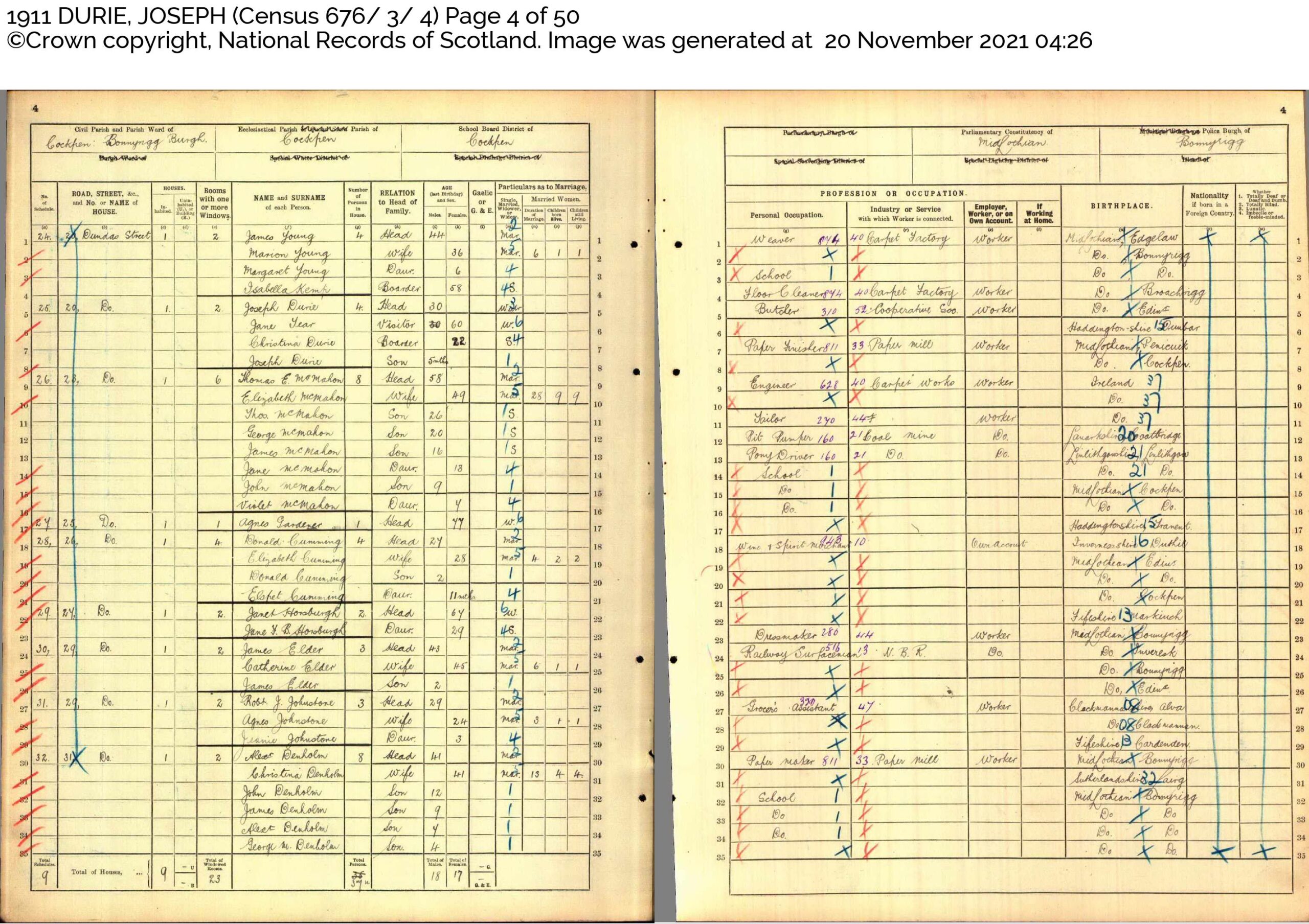 1911 Census record for Joseph Durie (1880-1963) and family