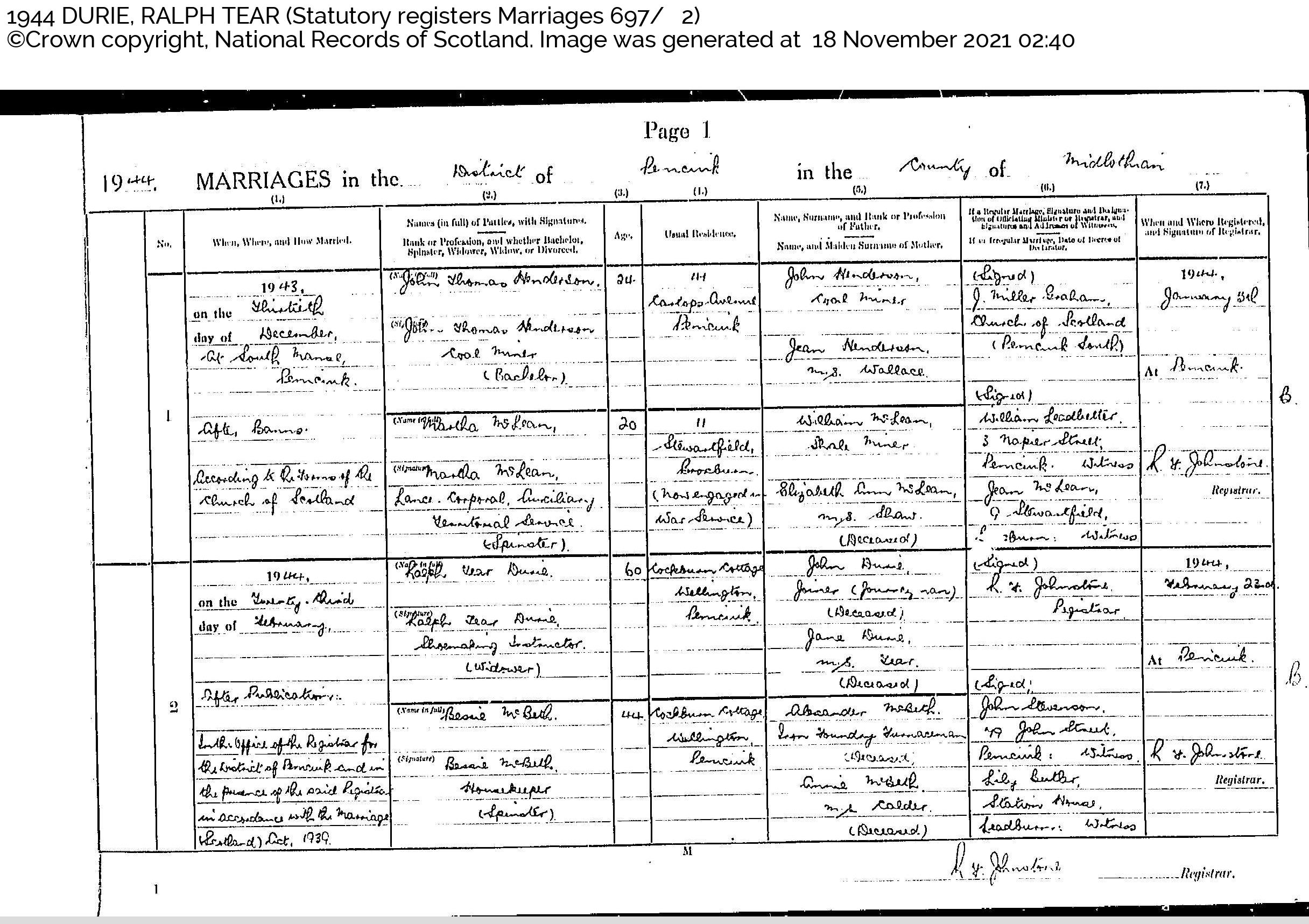 Marriage registration of Ralph Tear Durie and Bessie McBeth