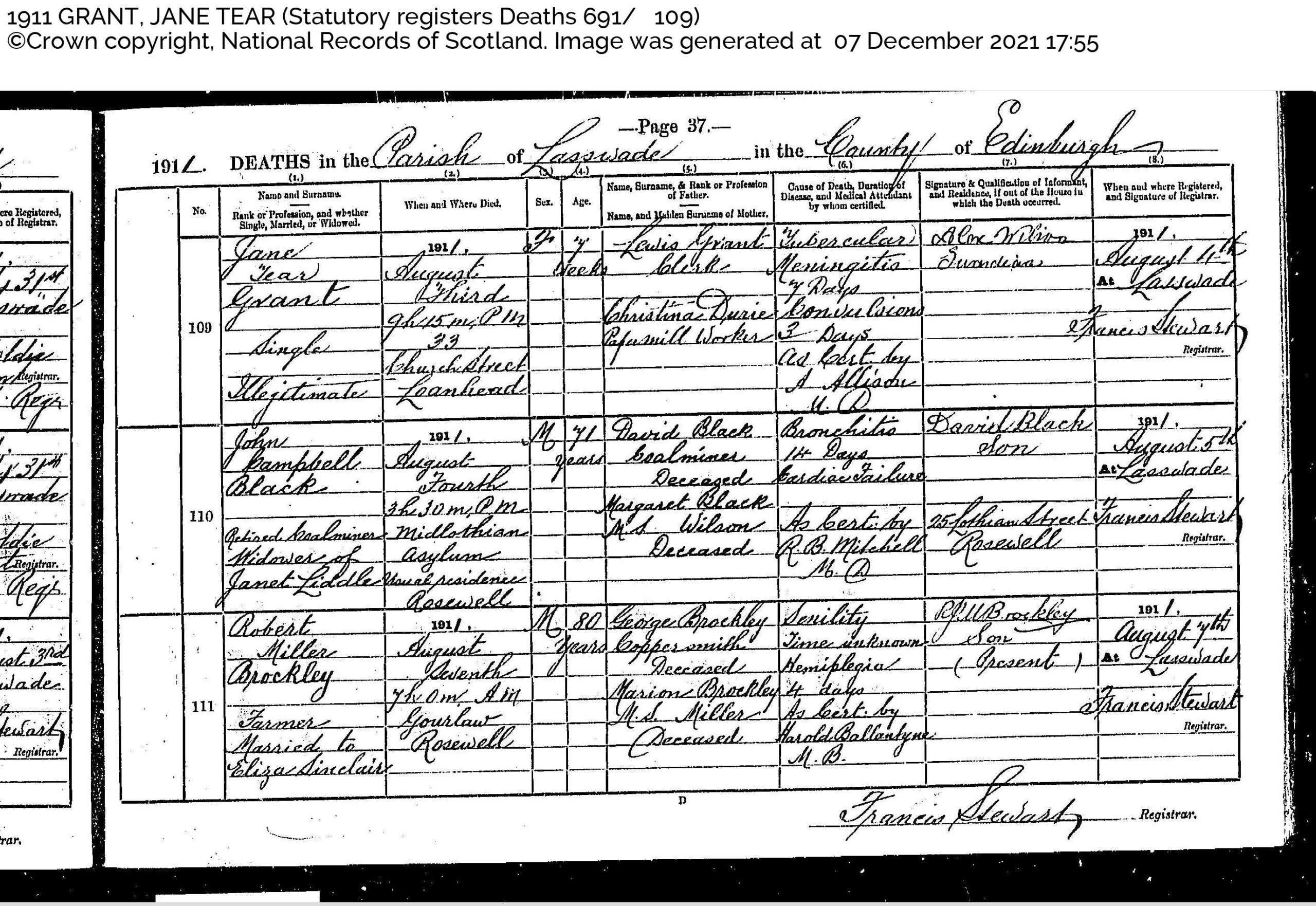 Death certificate of Jane Tear Grant (1911-1911)