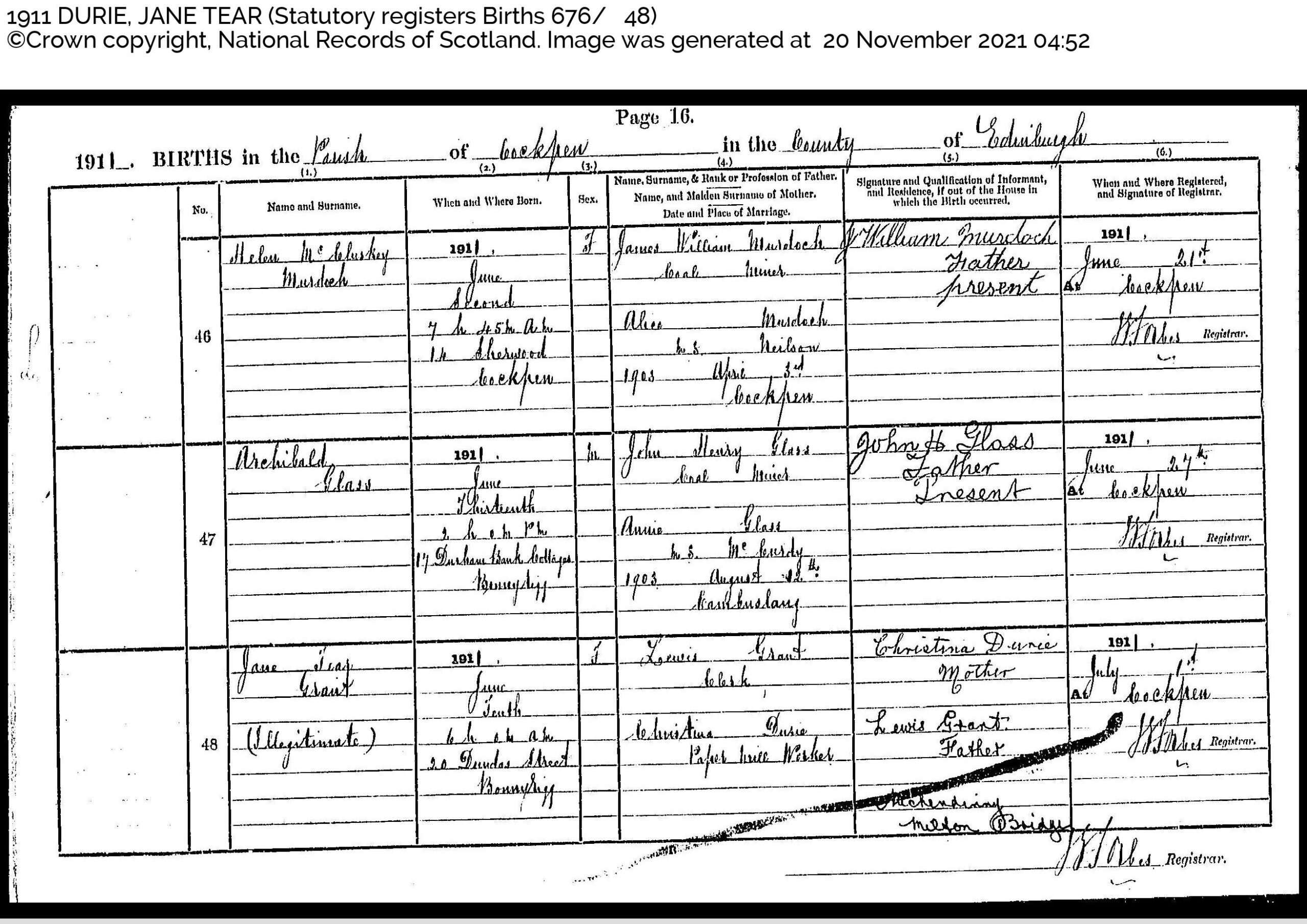 Birth certificate for Jane Tear Grant (1911-1911)