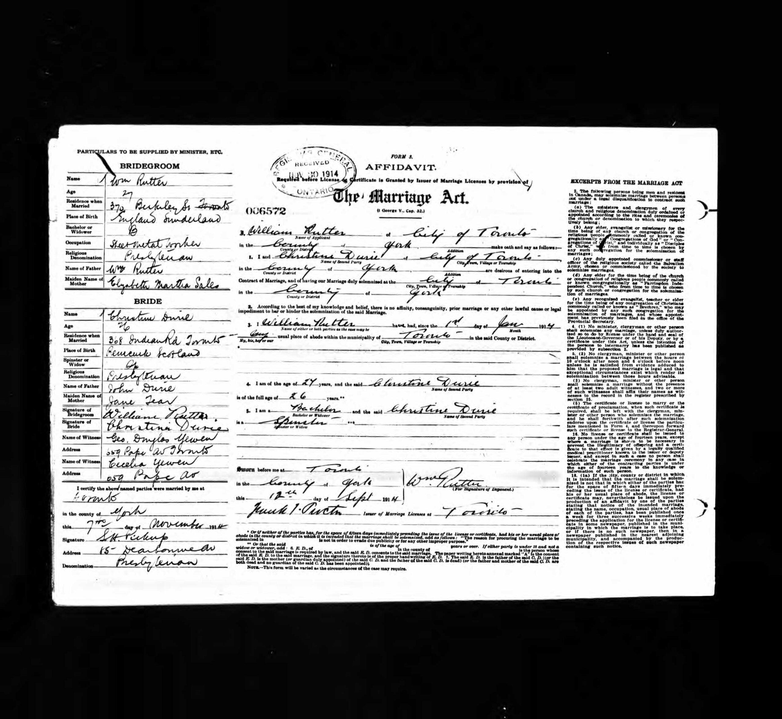 Marriage certificate of William Rutter and Christina Durie